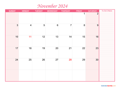 November Calendar 2024 with Notes