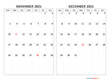 November and December 2024 Calendar Horizontal