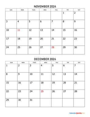 November and December 2024 Calendar Vertical