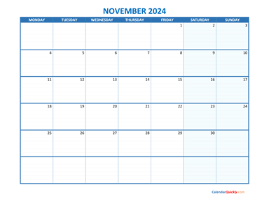 November Monday 2024 Blank Calendar