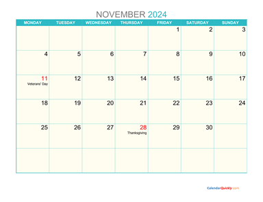 November Monday 2024 Calendar Printable