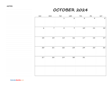 October Blank Calendar 2024 with Notes