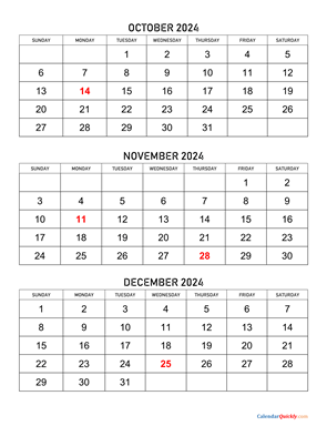 October to December 2024 Calendar Vertical