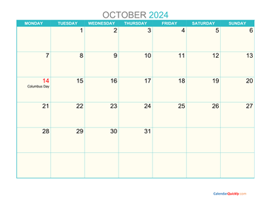 October Monday 2024 Calendar Printable
