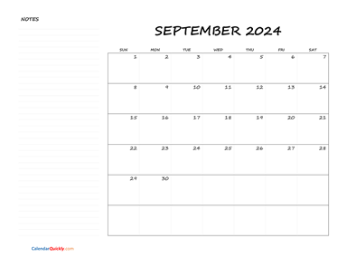 September Blank Calendar 2024 with Notes
