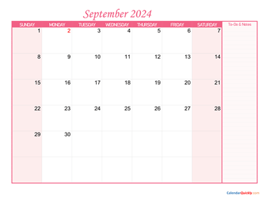 September Calendar 2024 with Notes