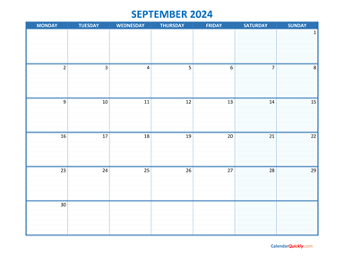September Monday 2024 Blank Calendar