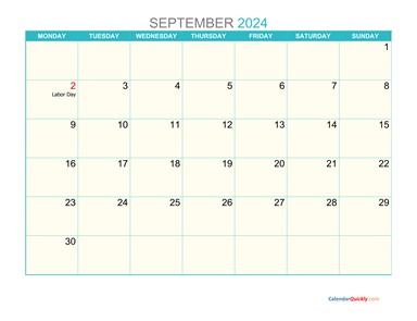 September Monday 2024 Calendar Printable
