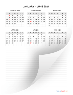 Six Months 2024 Calendar with Notes