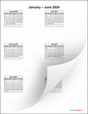 Six Months 2024 Calendar Vertical