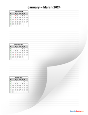 Three Months 2024 Calendar with Notes