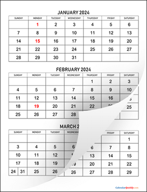 Three Months 2024 Calendar Vertical