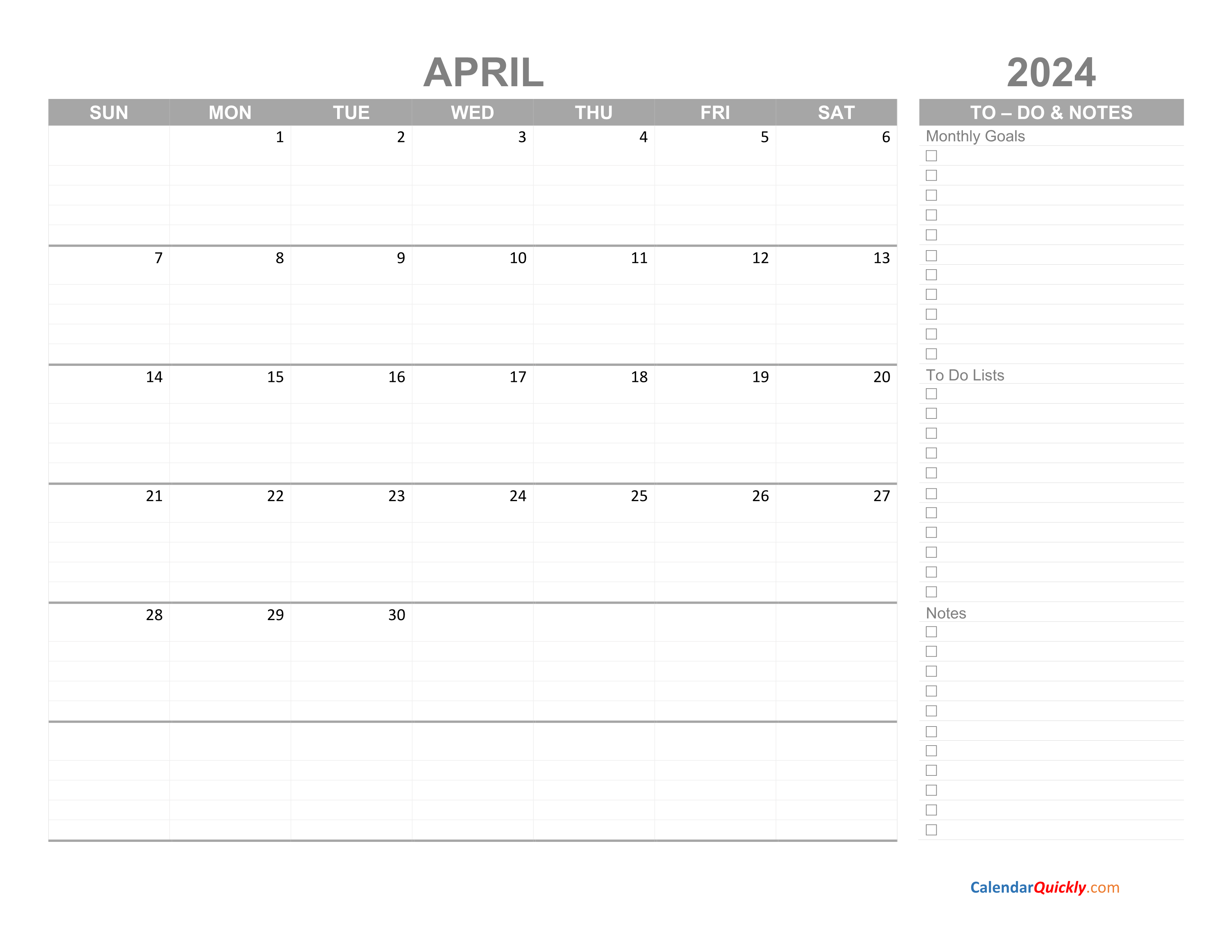 April 2024 Calendar with ToDo List Calendar Quickly