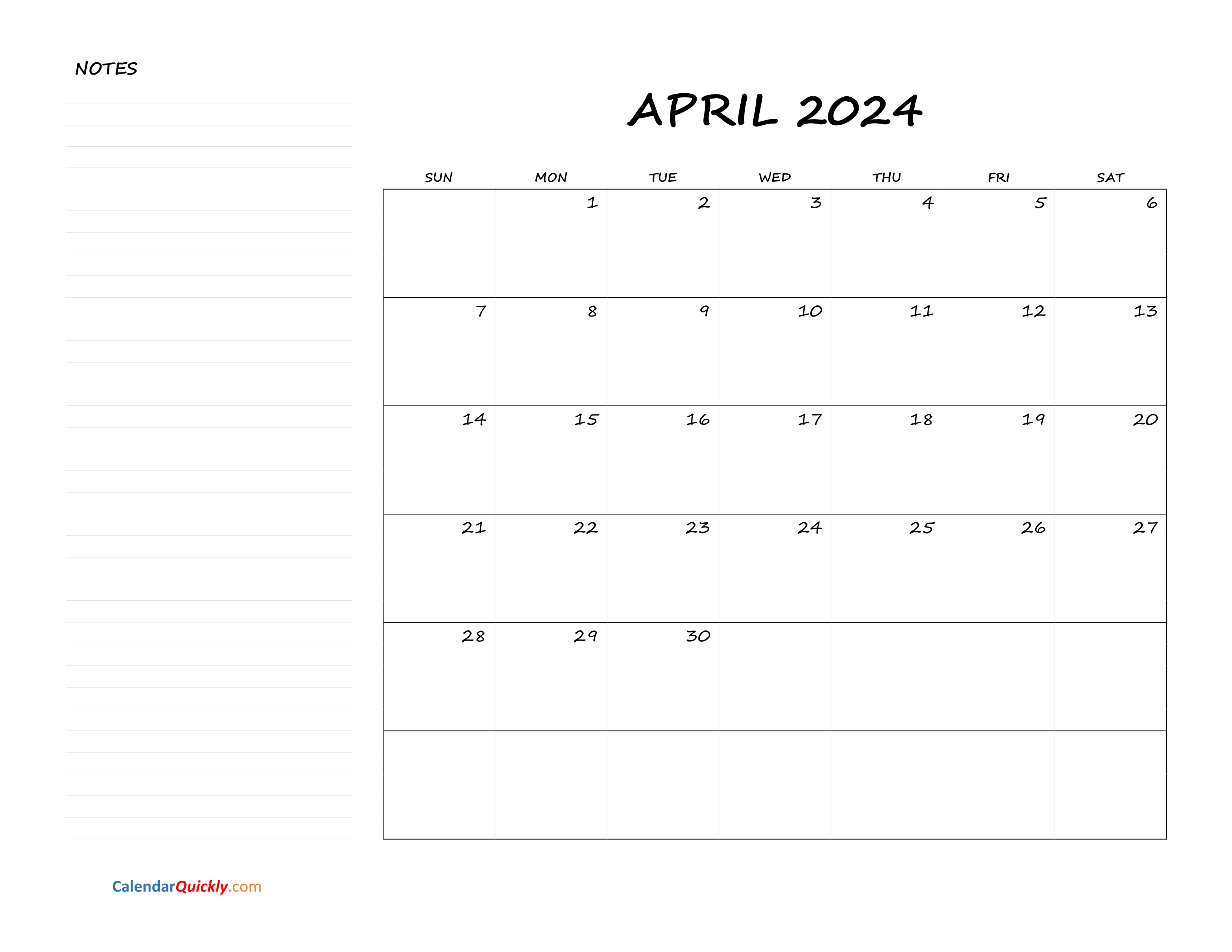 April Blank Calendar 2024 with Notes Calendar Quickly