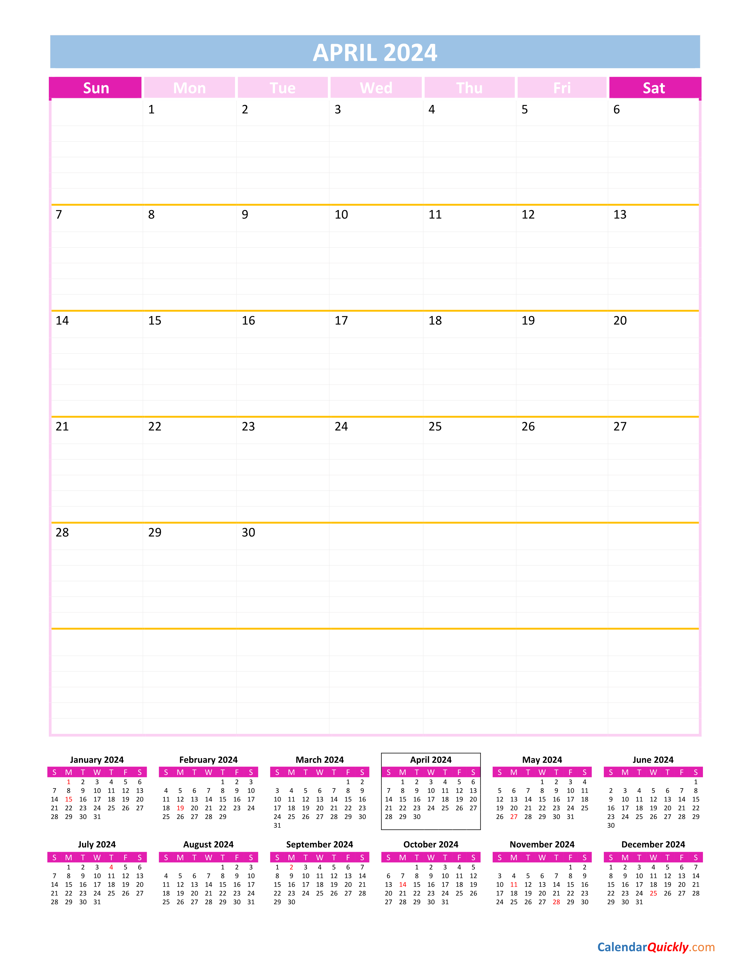 April 2024 Calendar National Days Templates Printable Free
