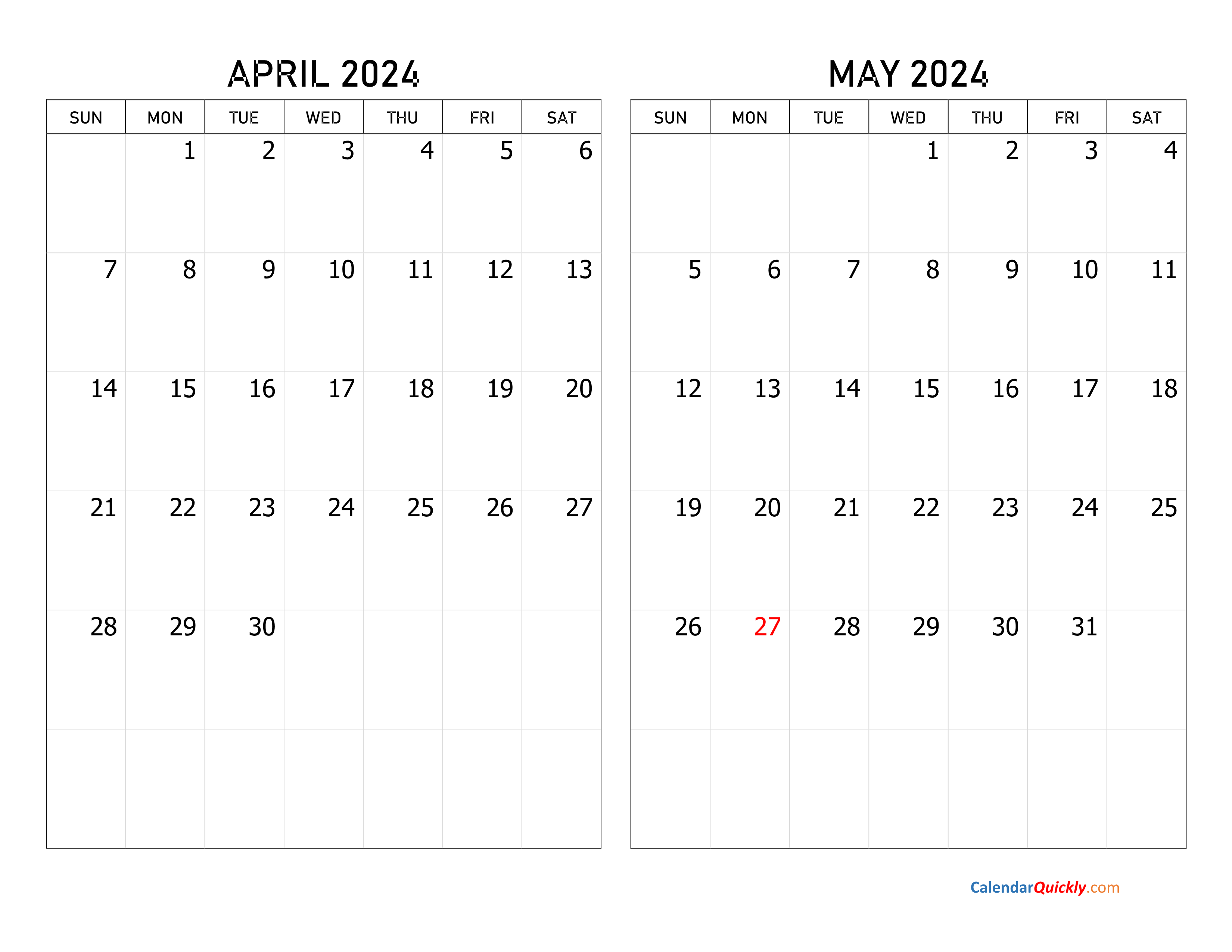 Calendar April May 2024