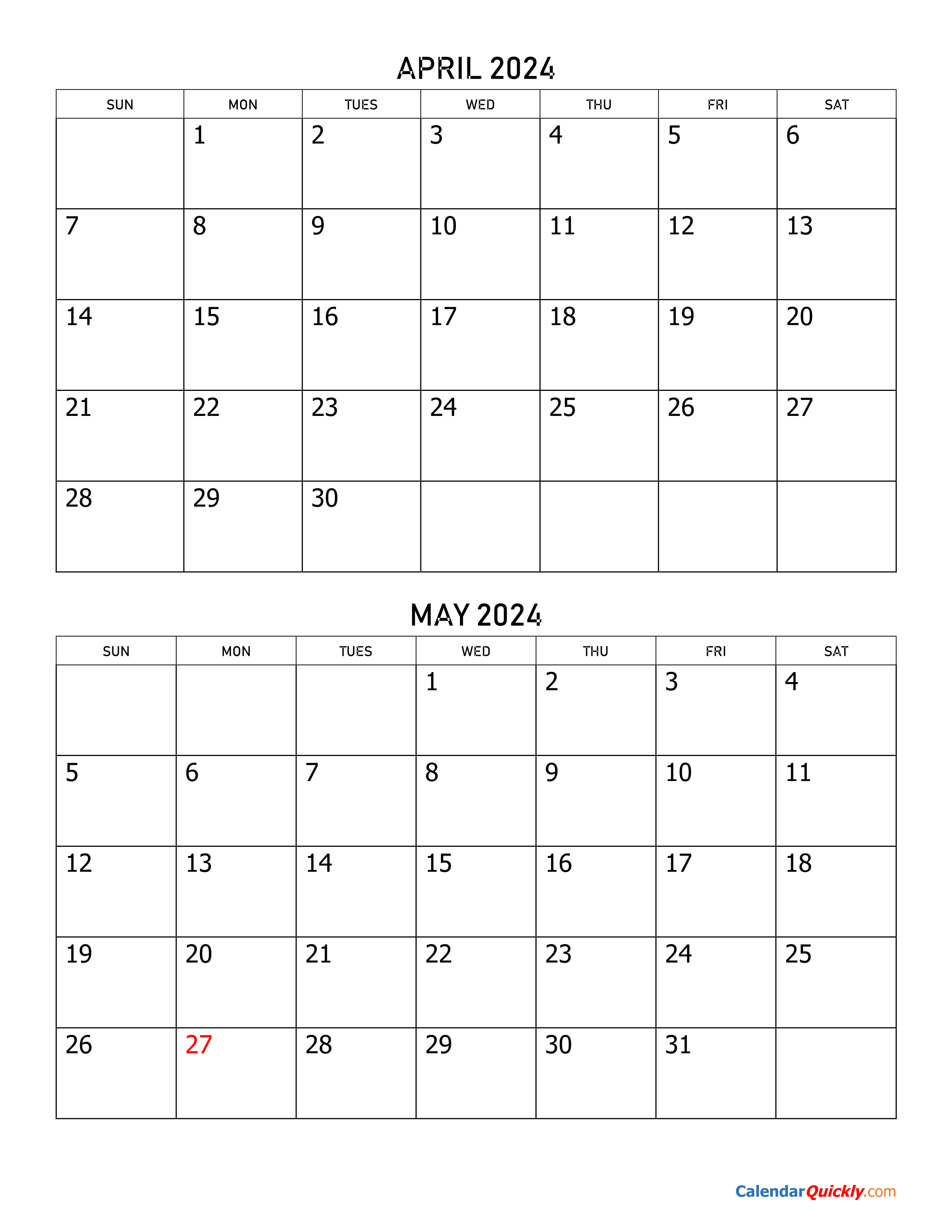 April and May 2024 Calendar | Calendar Quickly