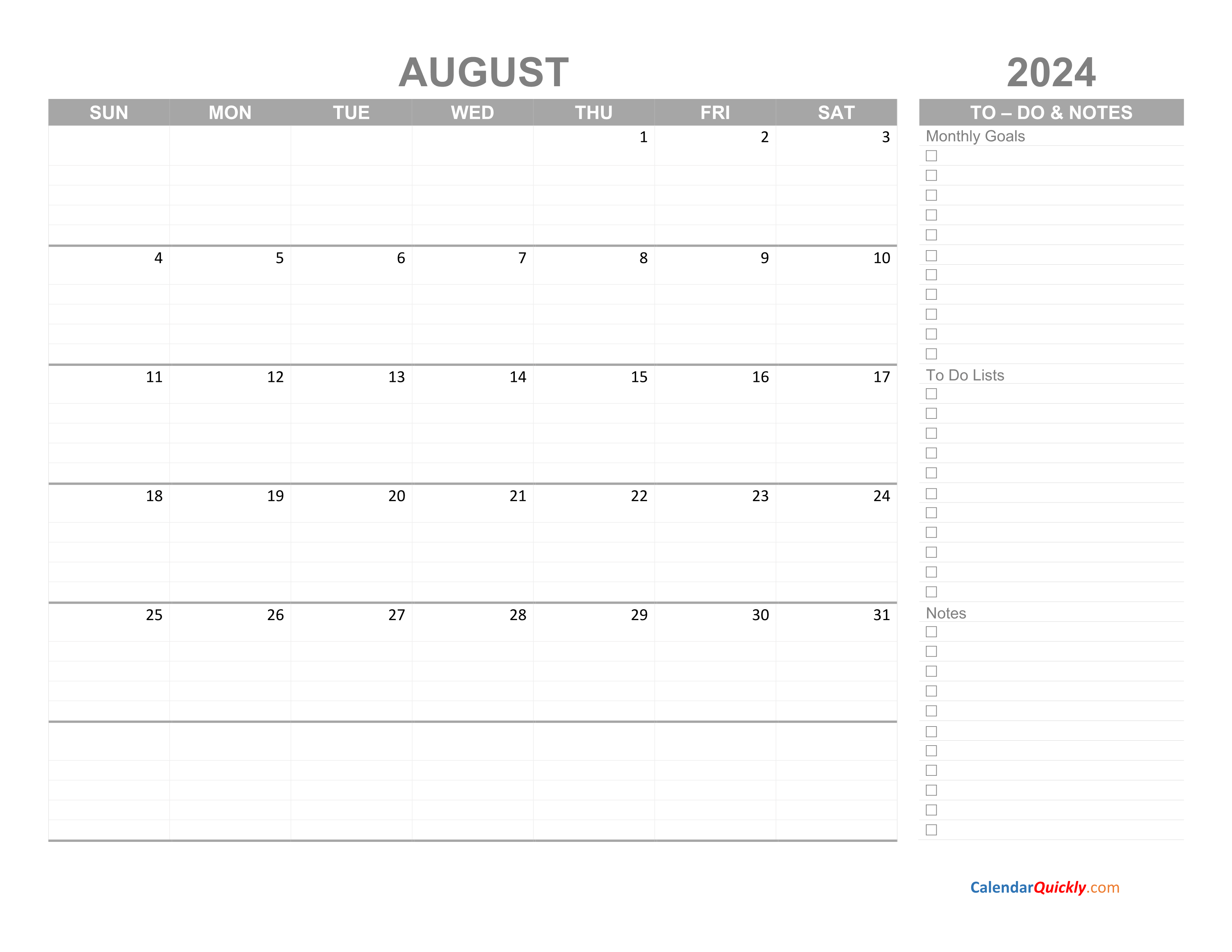 August 2024 Calendar with ToDo List Calendar Quickly