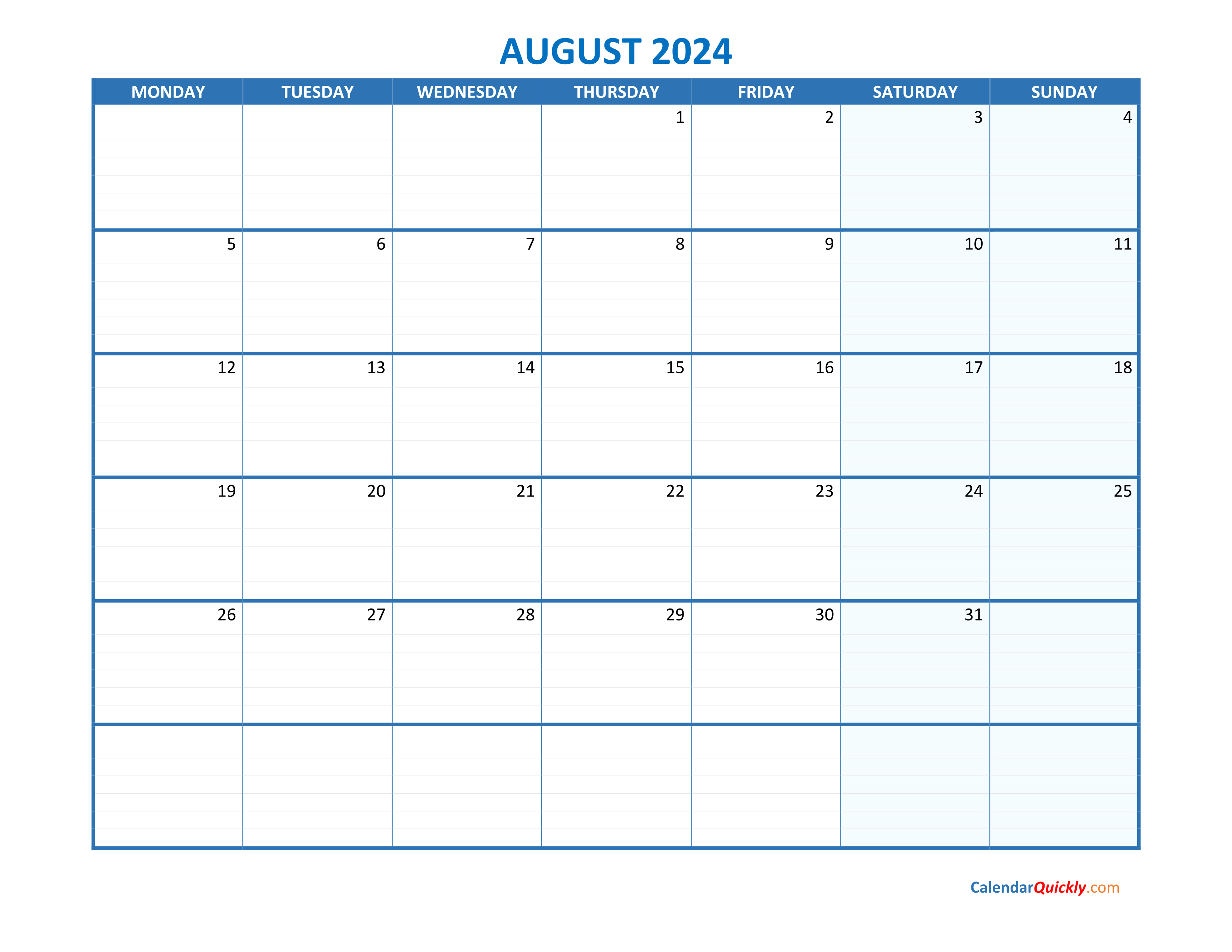 August Monday 2024 Blank Calendar Calendar Quickly