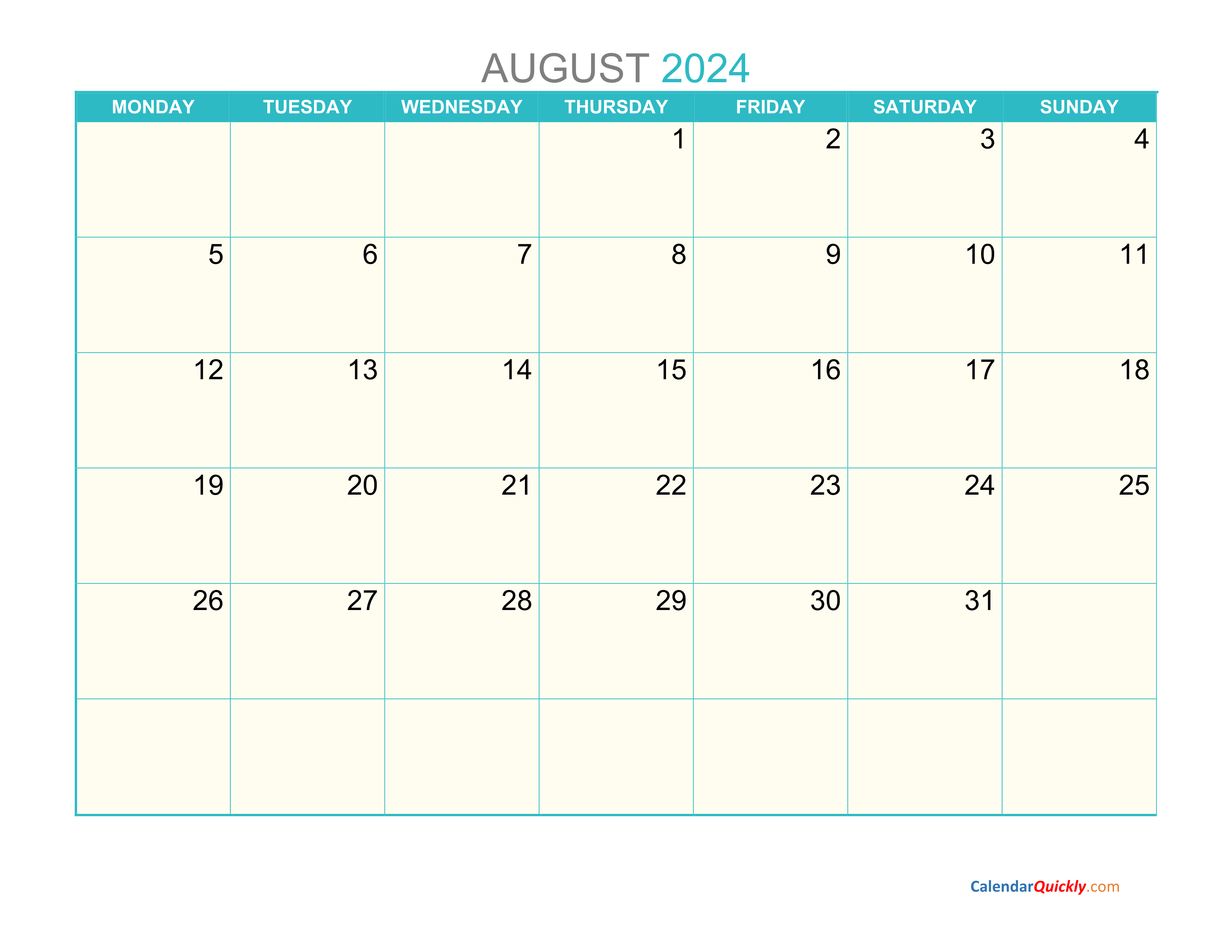 August Monday 2024 Calendar Printable Calendar Quickly
