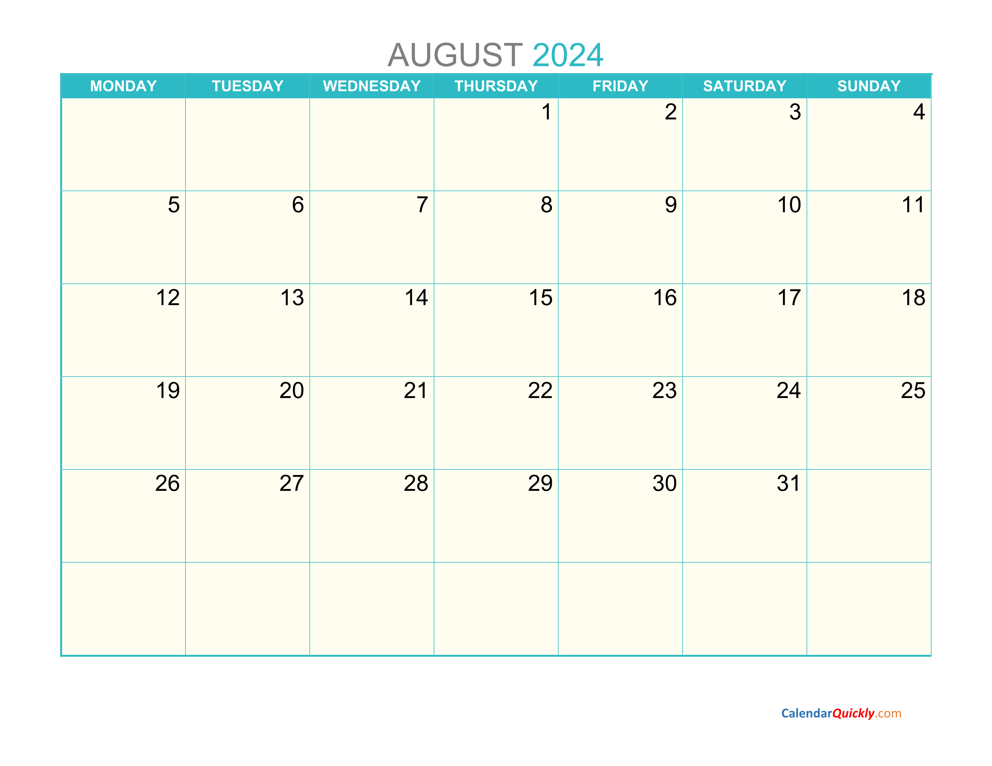 August Monday 2024 Calendar Printable | Calendar Quickly