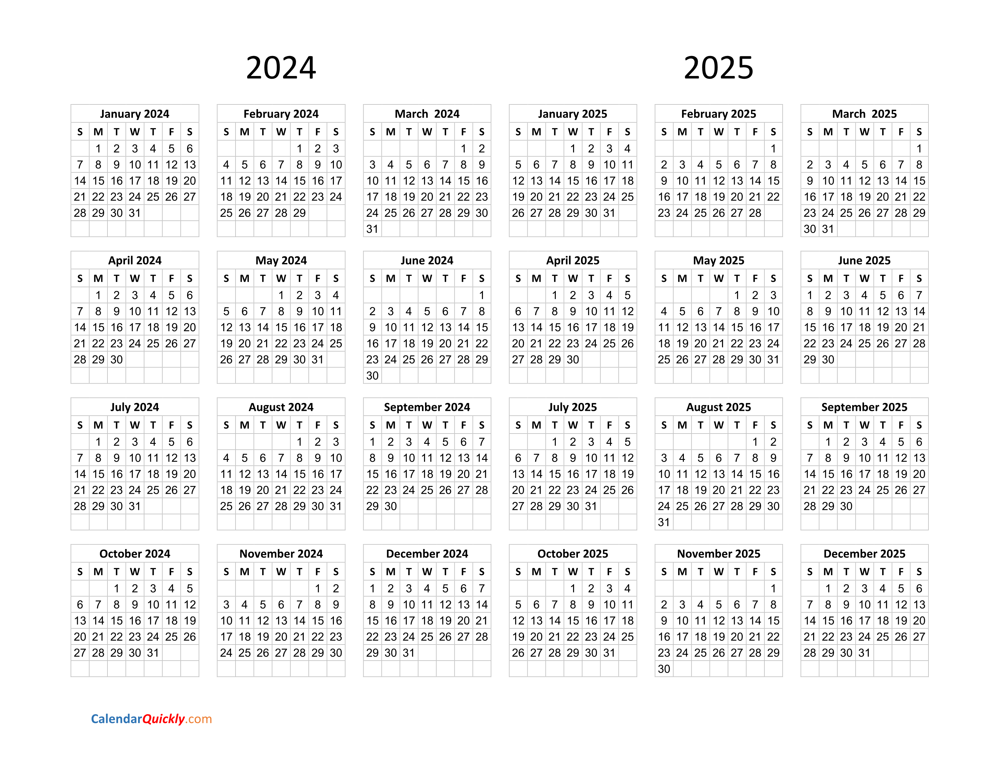Calendar 2024 and 2025 on One Page