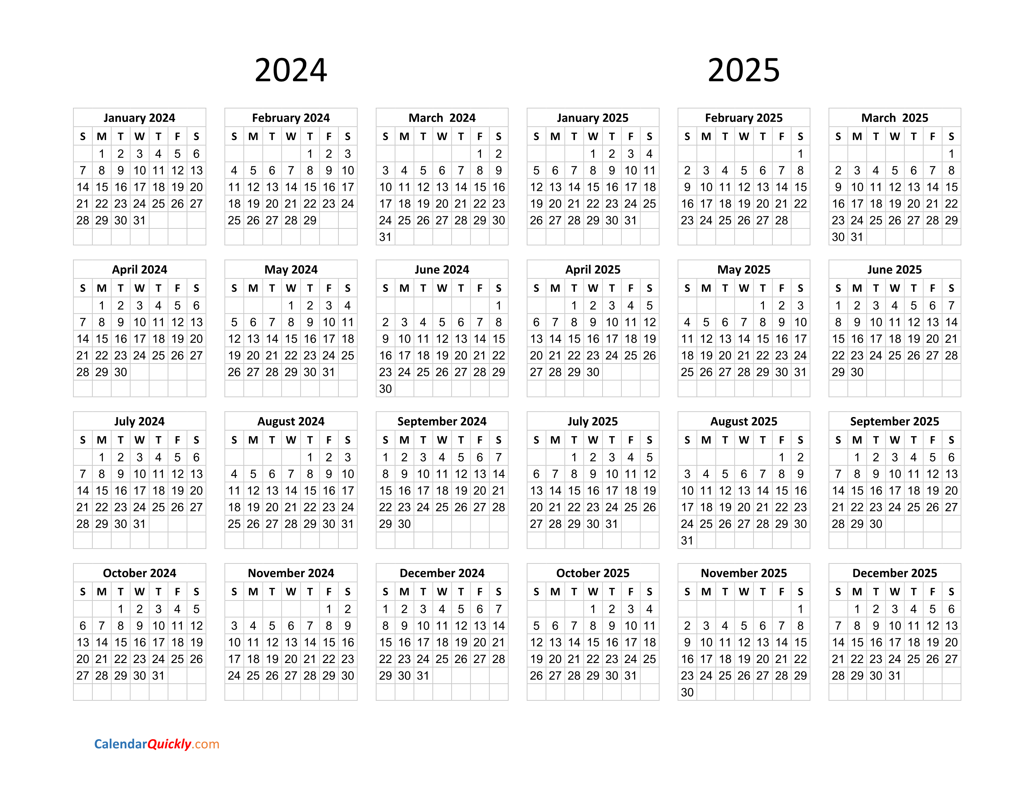 Calendar 2024 and 2025 on One Page Calendar Quickly