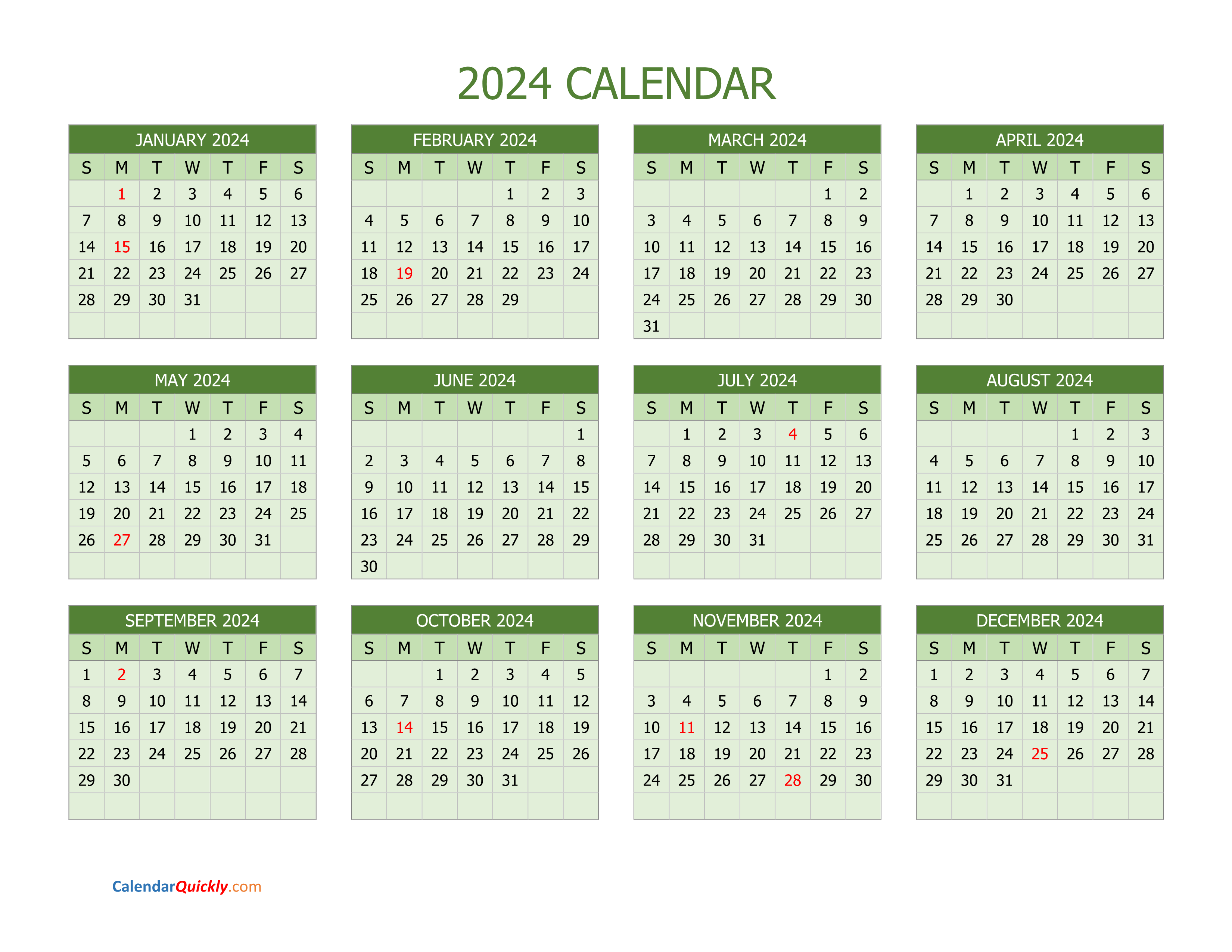 Yearly Calendar 2024 | Calendar Quickly