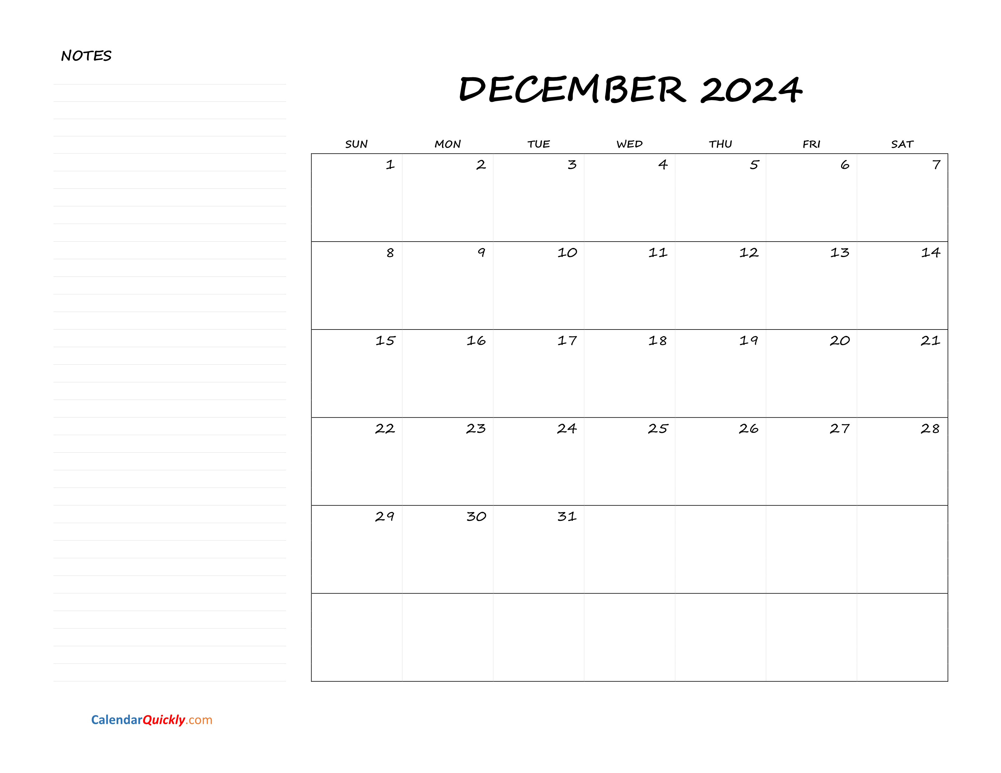 December 2025 Calendar Printable With Notes