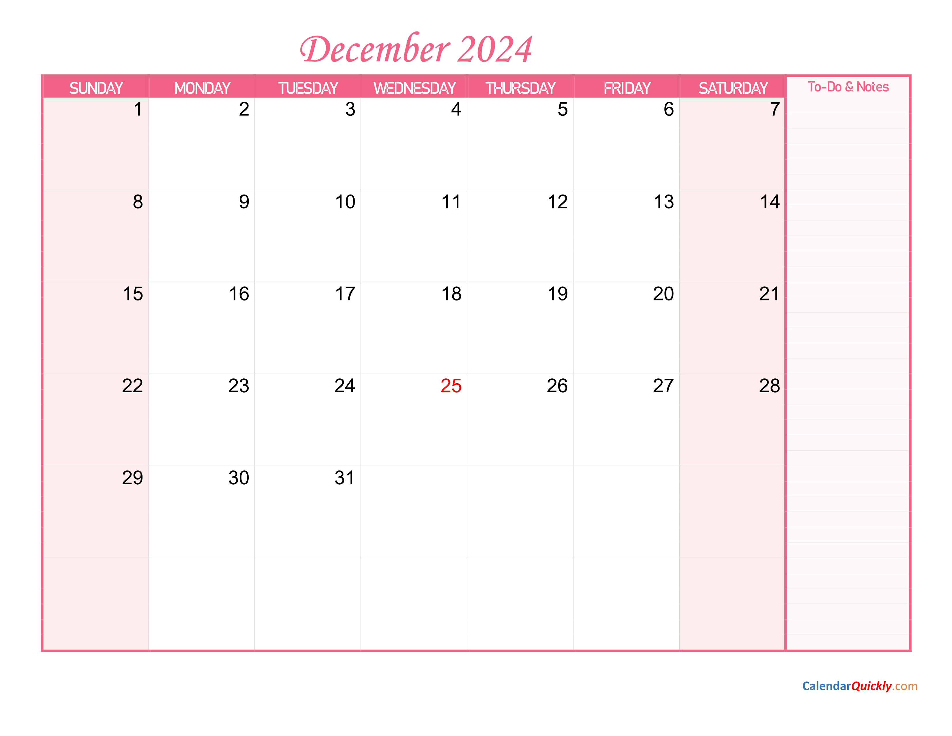 December Calendar 2024 with Notes Calendar Quickly