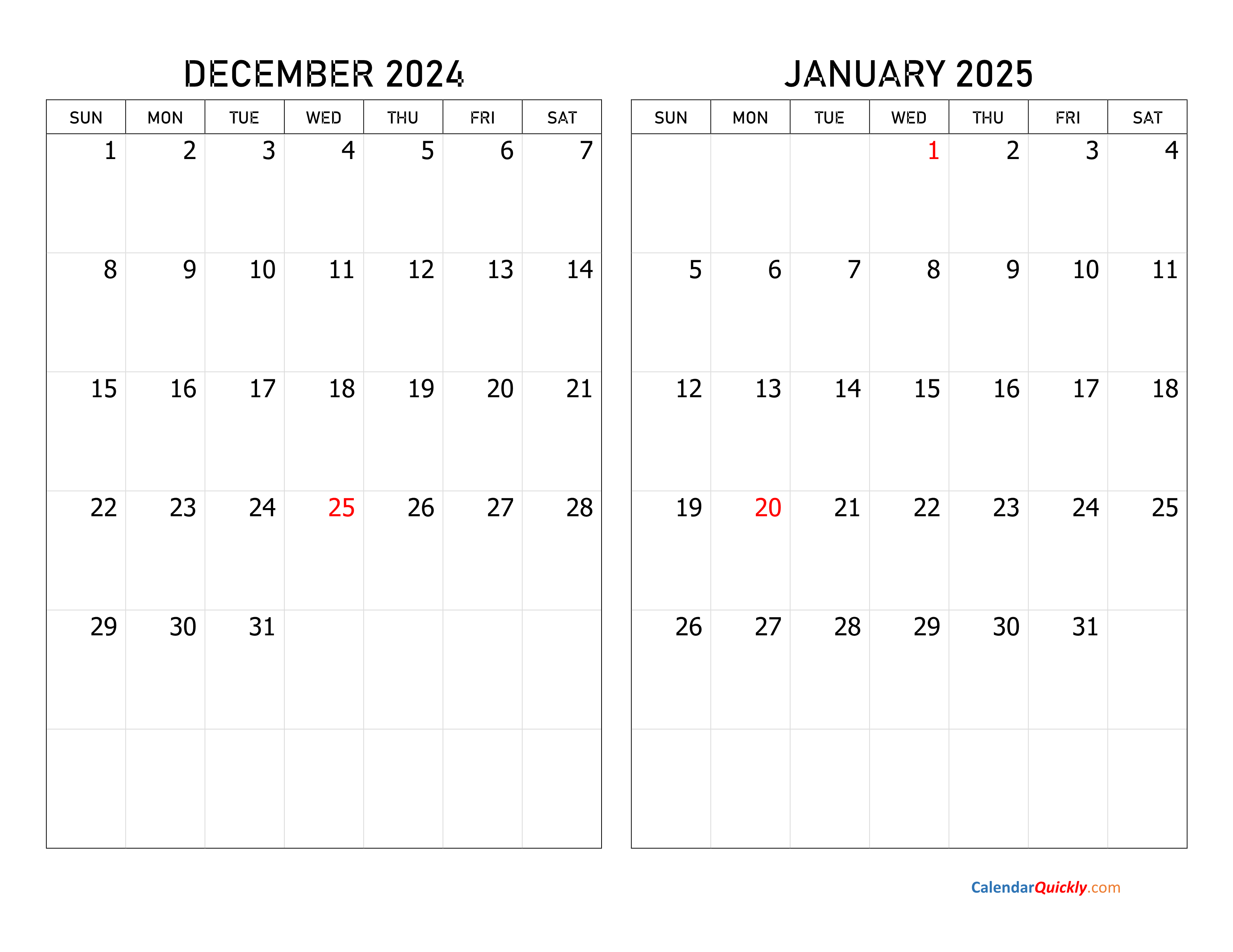 December 2024 and January 2025 Calendar | Calendar Quickly