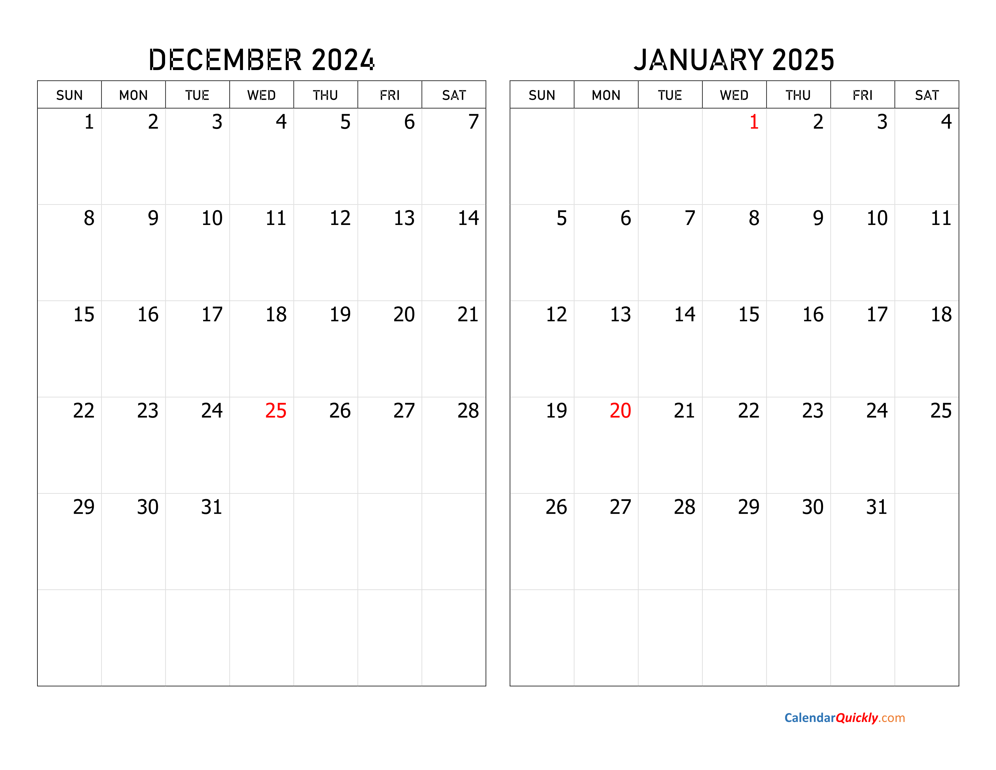 December 2024 and January 2025 Calendar Calendar Quickly