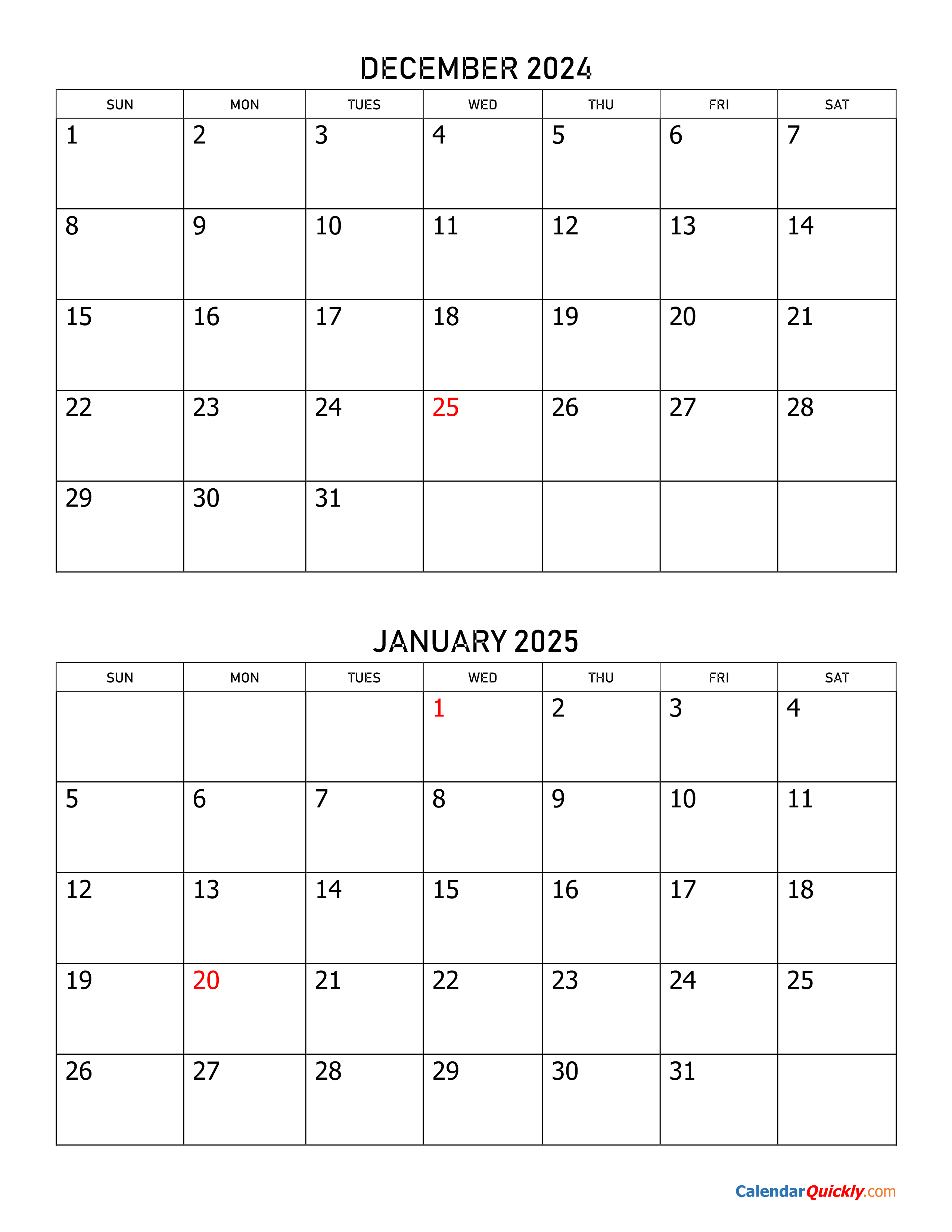 December 2024 and January 2025 Calendar Calendar Quickly