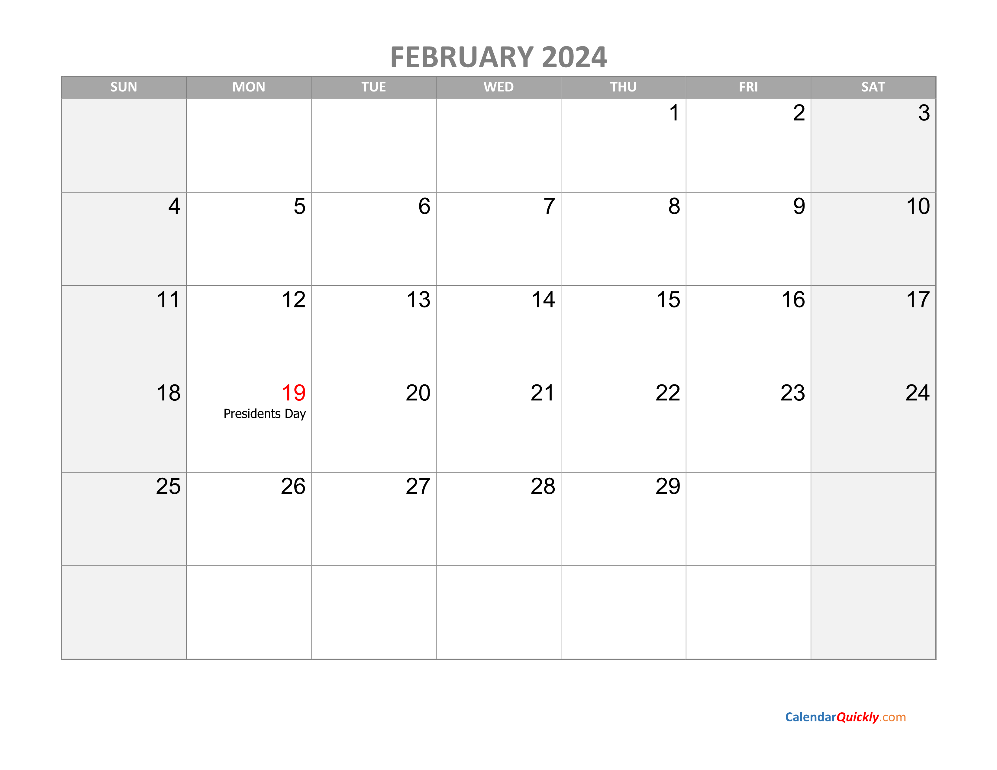 February Calendar 2024 with Holidays Calendar Quickly