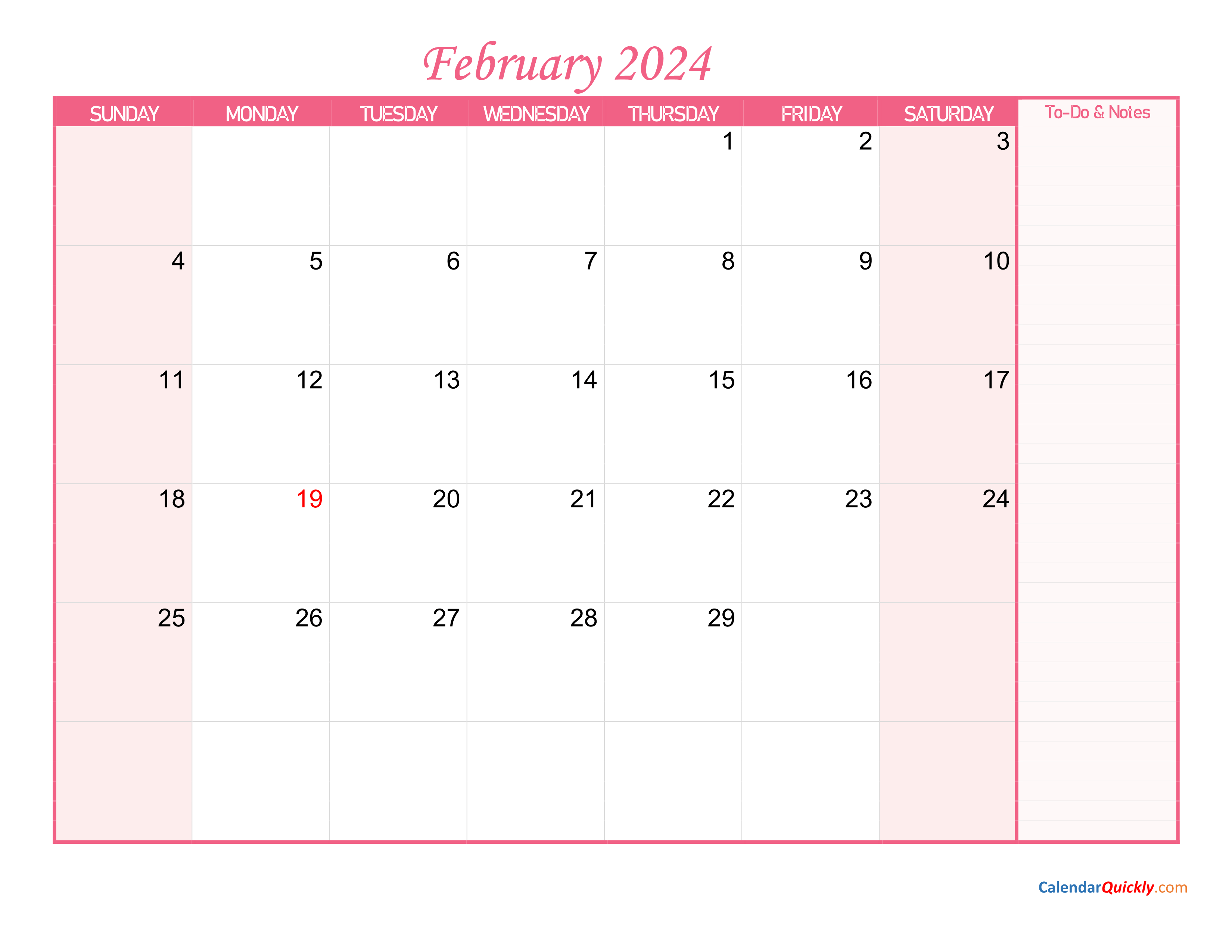 February Calendar 2024 with Notes | Calendar Quickly