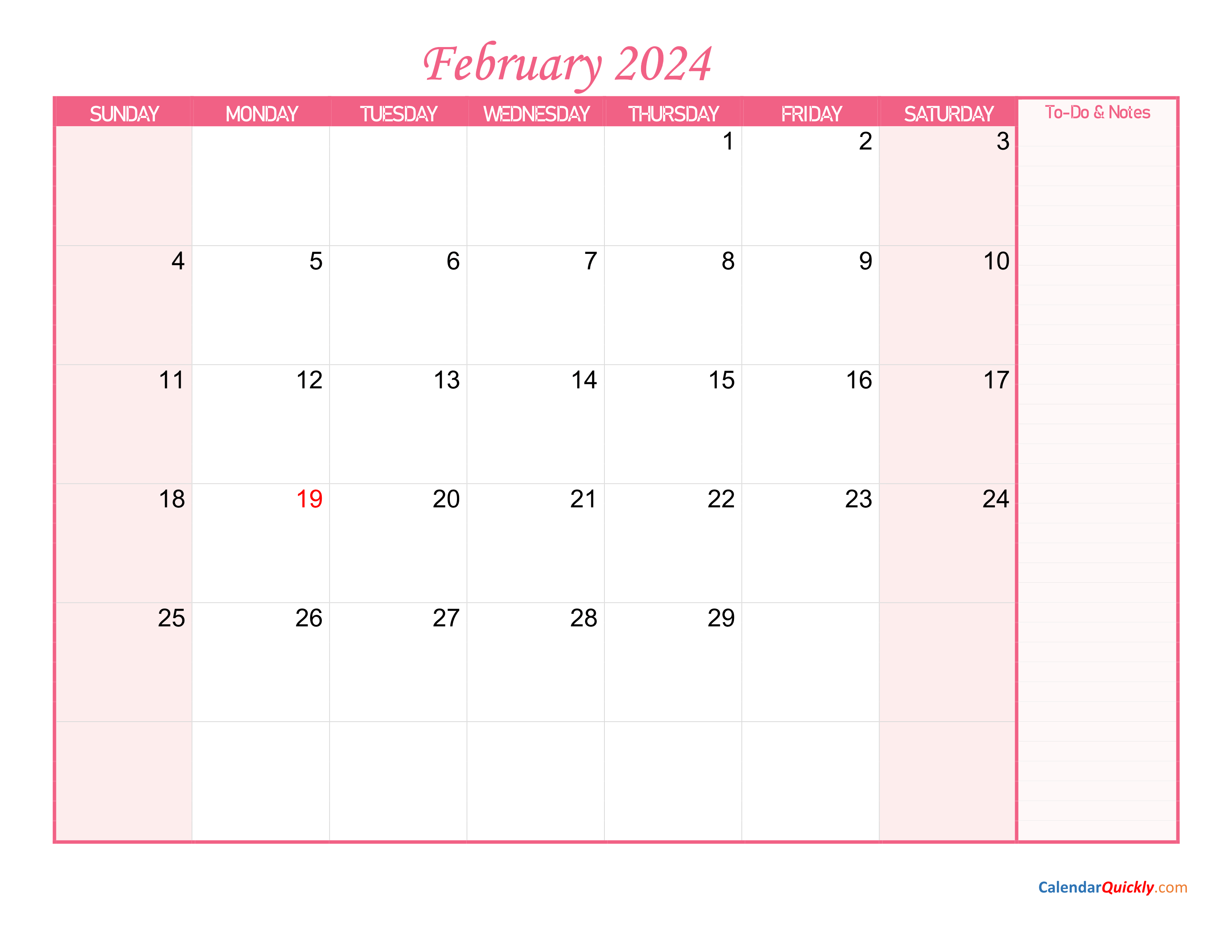 February Calendar 2024 With Notes Calendar Quickly