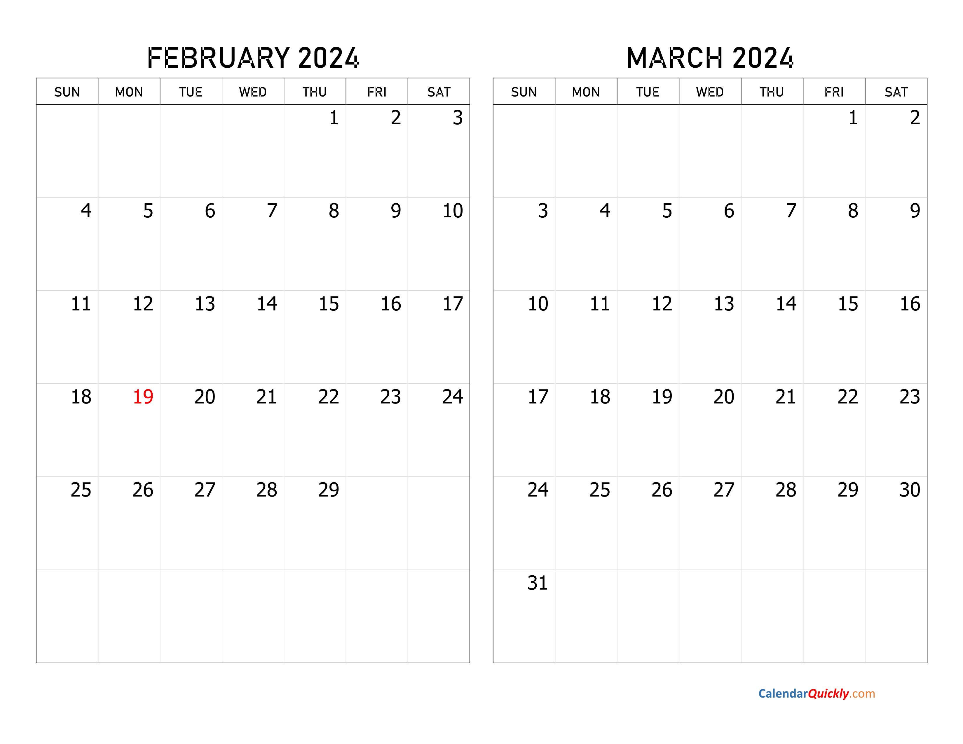 February March Two Months 2024 Calendar Horizontal 