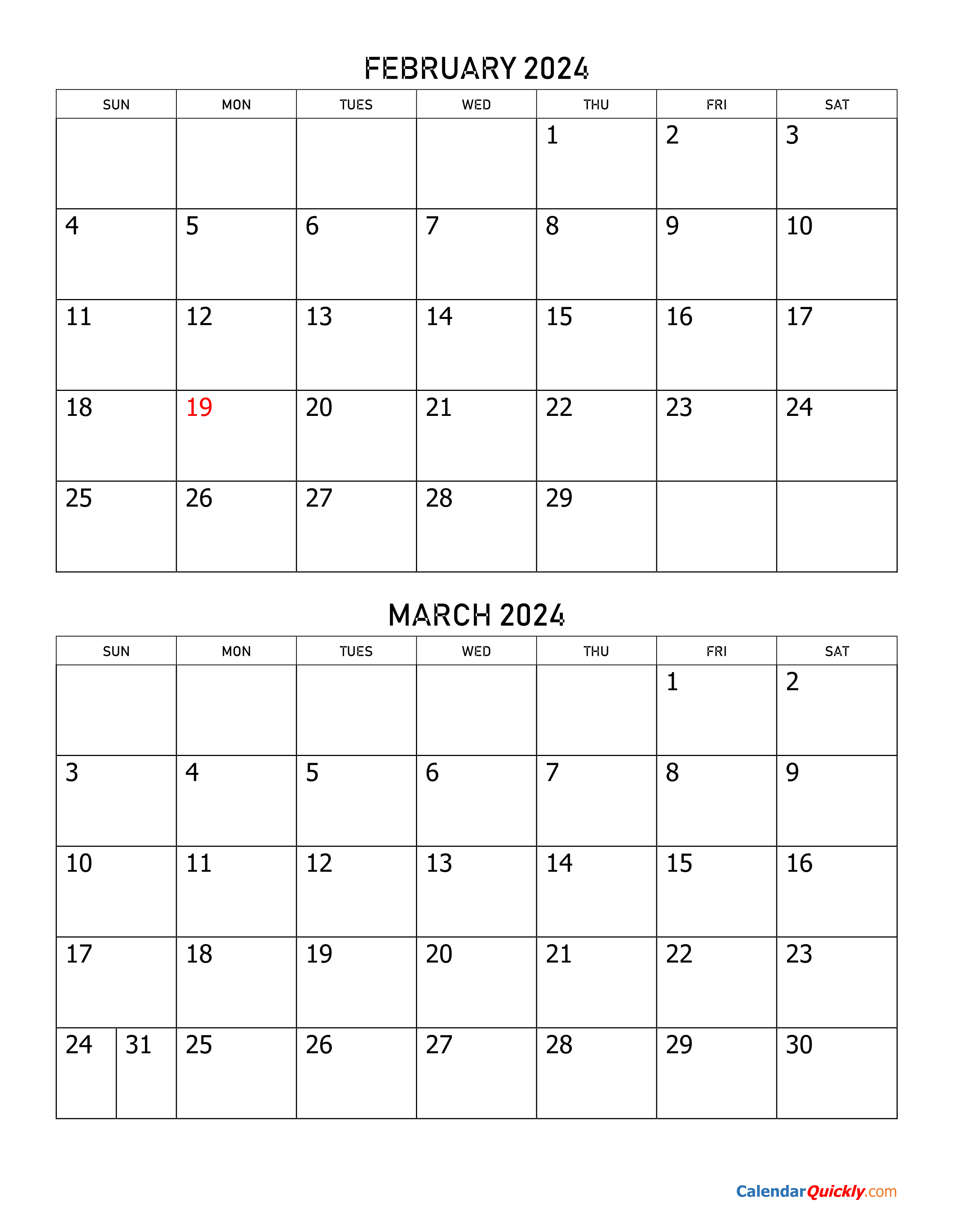 February and March 2024 Calendar | Calendar Quickly