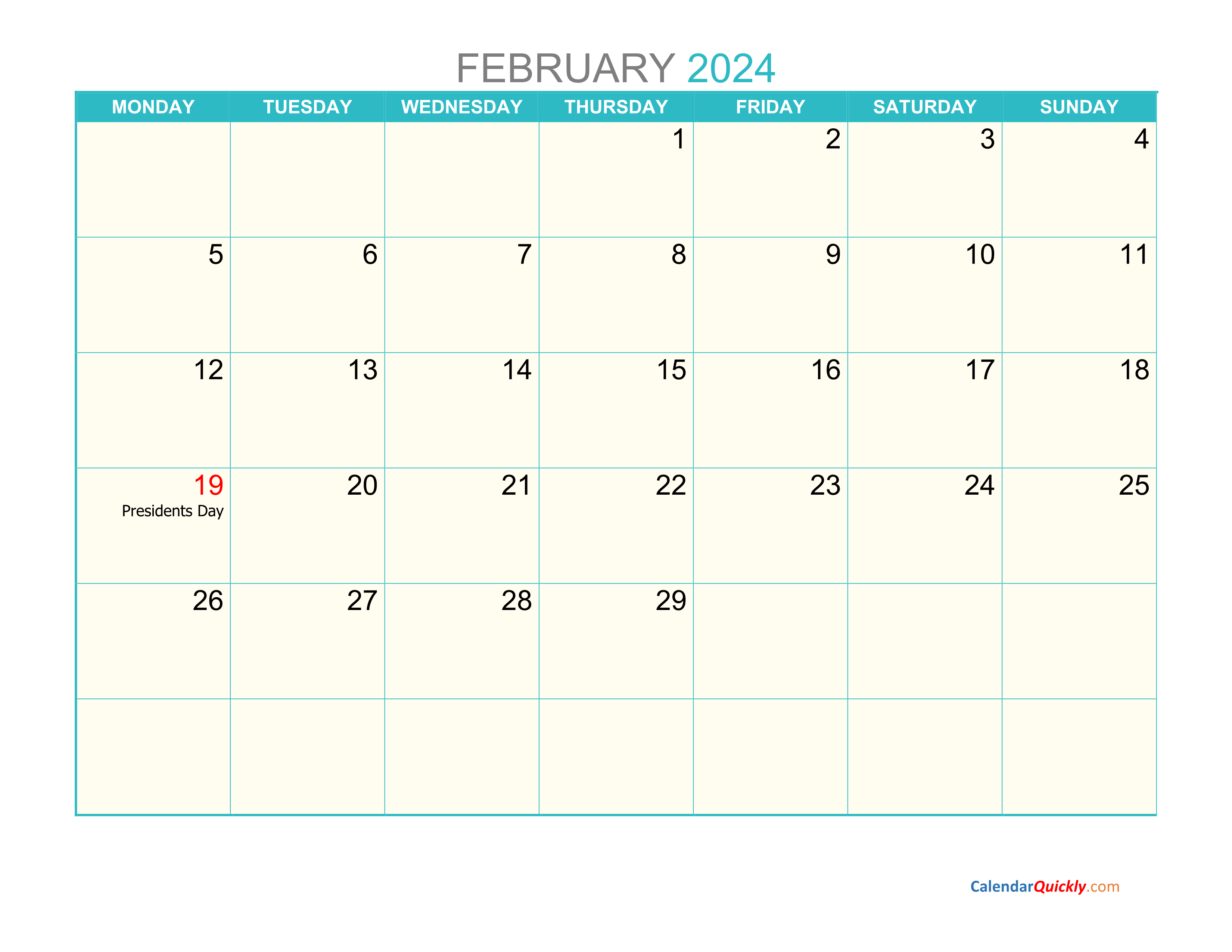 February Monday 2024 Calendar Printable Calendar Quickly