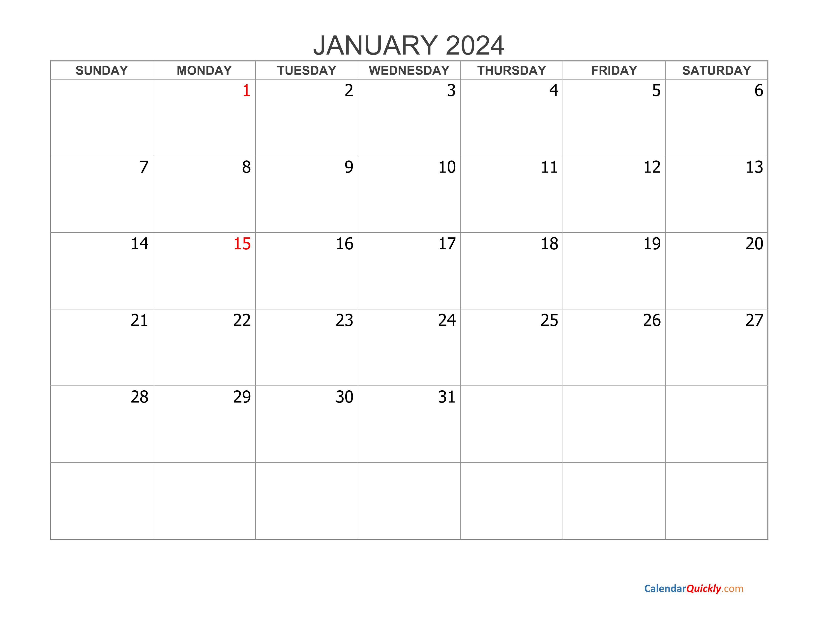 January 2024 Blank Calendar Calendar Quickly