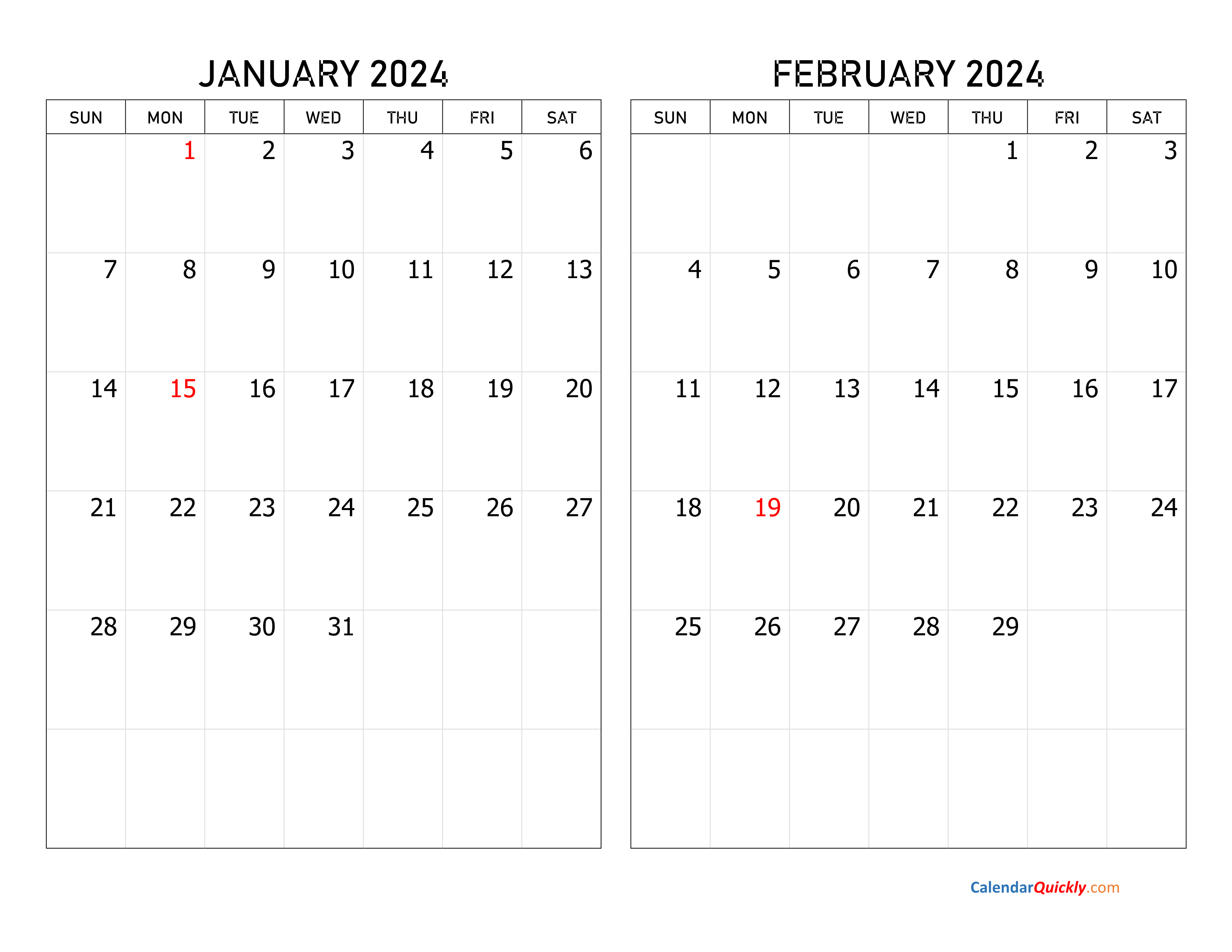 January and February 2024 Calendar Calendar Quickly
