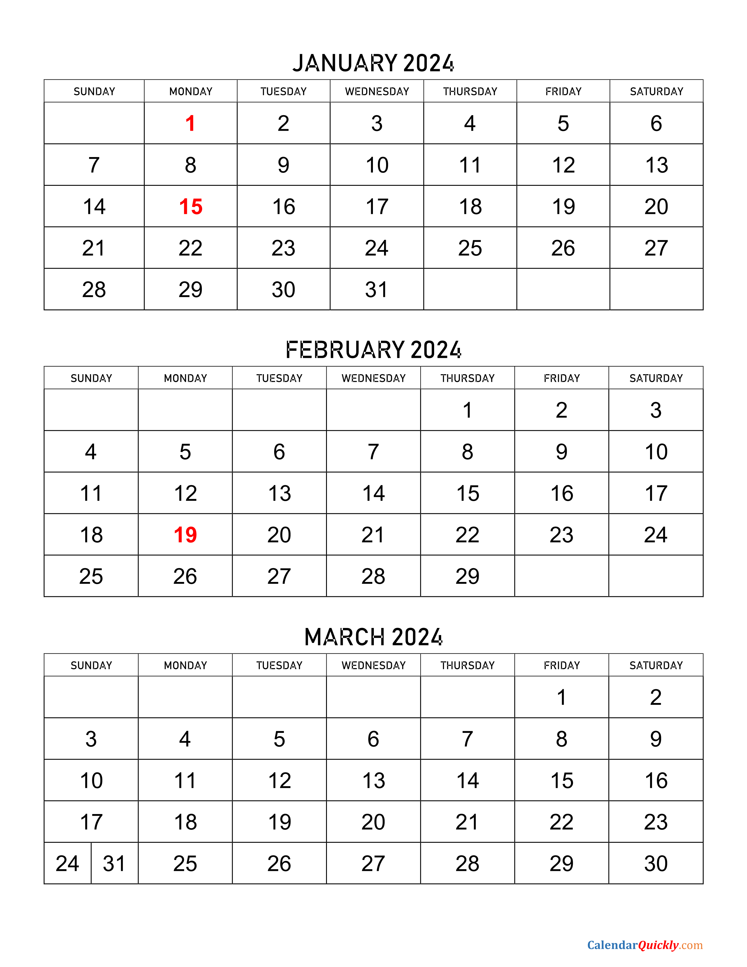 January to March 2024 Calendar Calendar Quickly