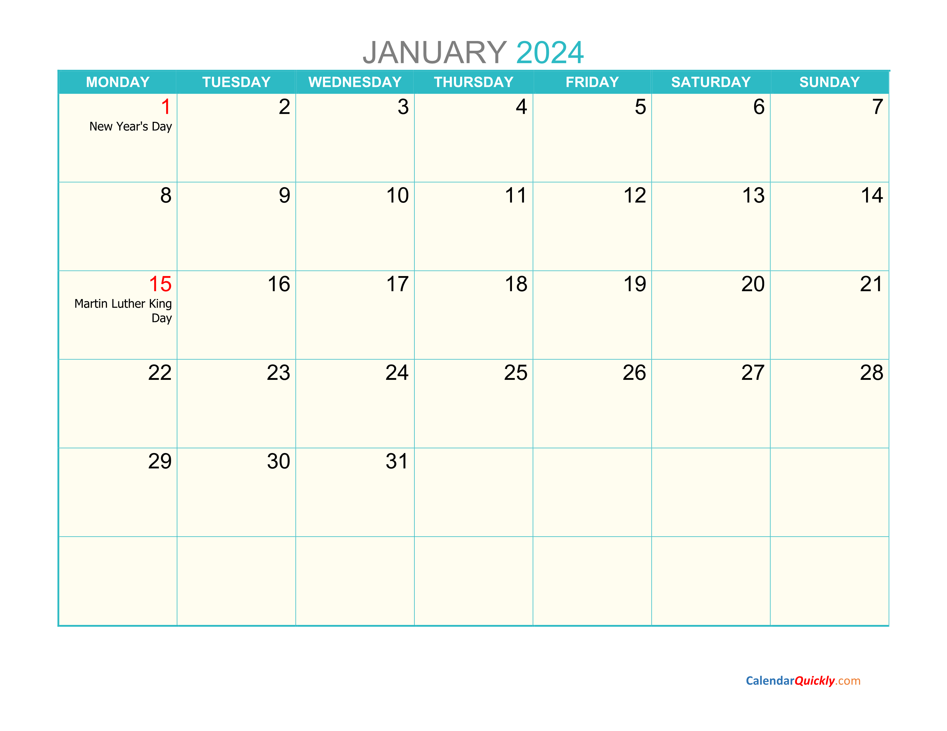 January Monday 2024 Calendar Printable Calendar Quickly