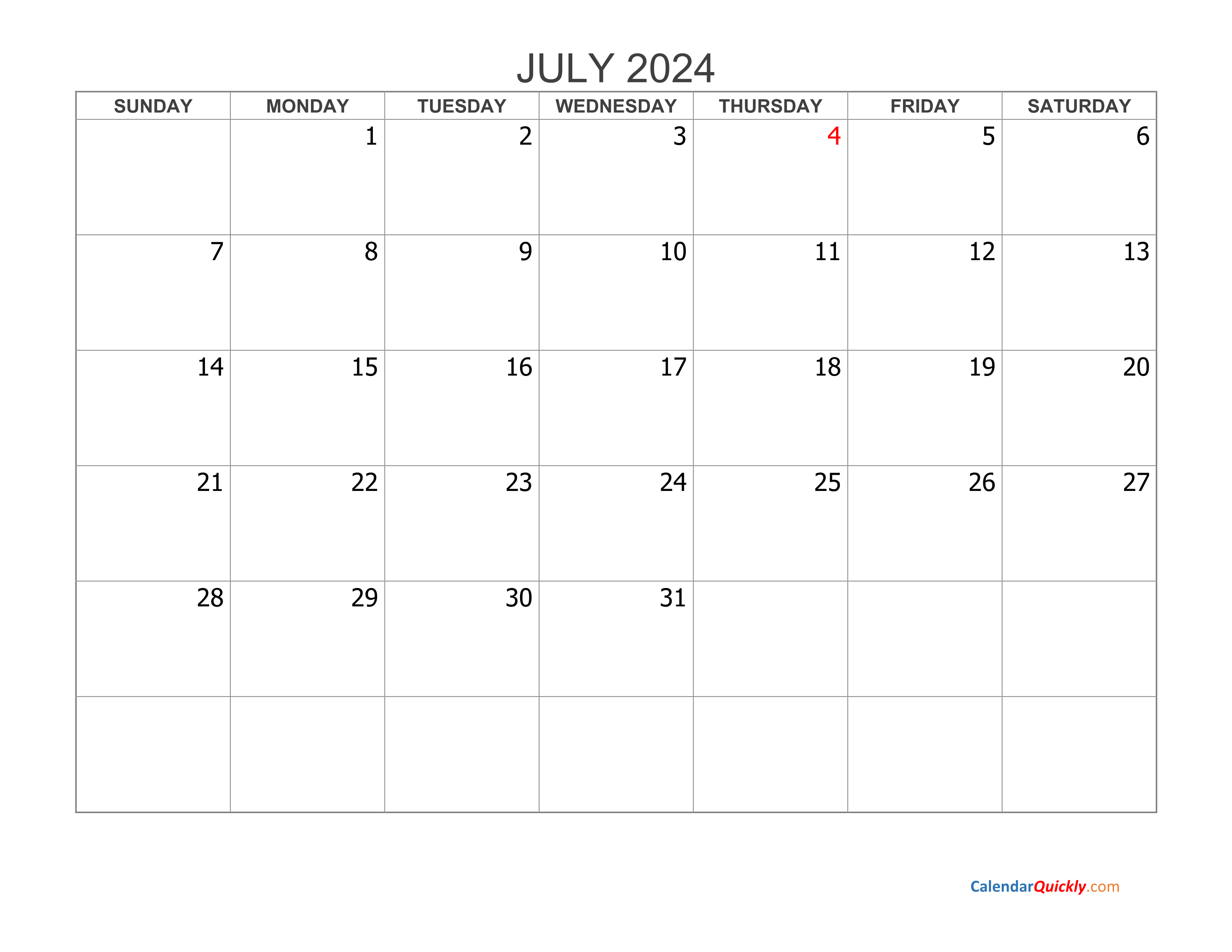 July 2024 Blank Calendar Calendar Quickly