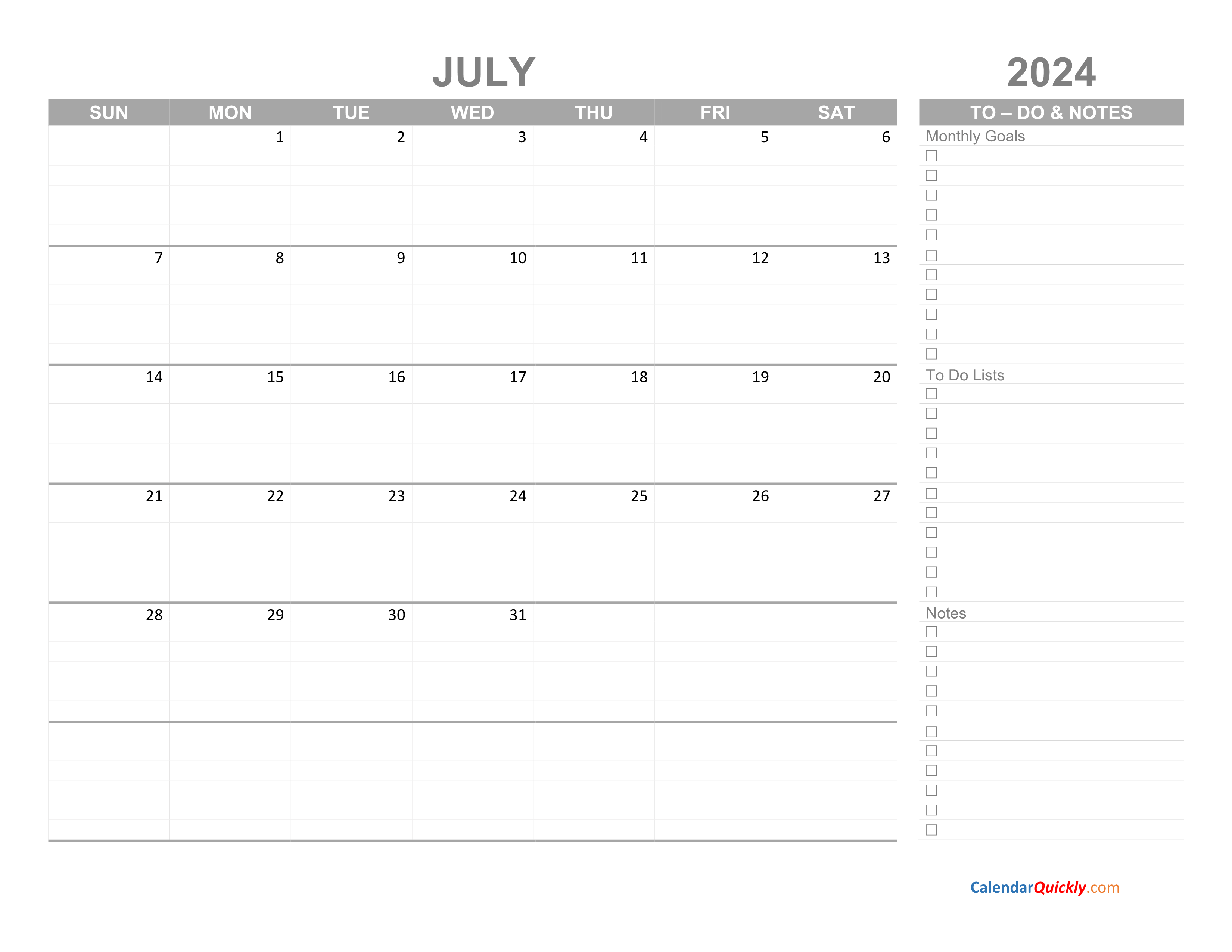 July 2024 Calendar with ToDo List Calendar Quickly