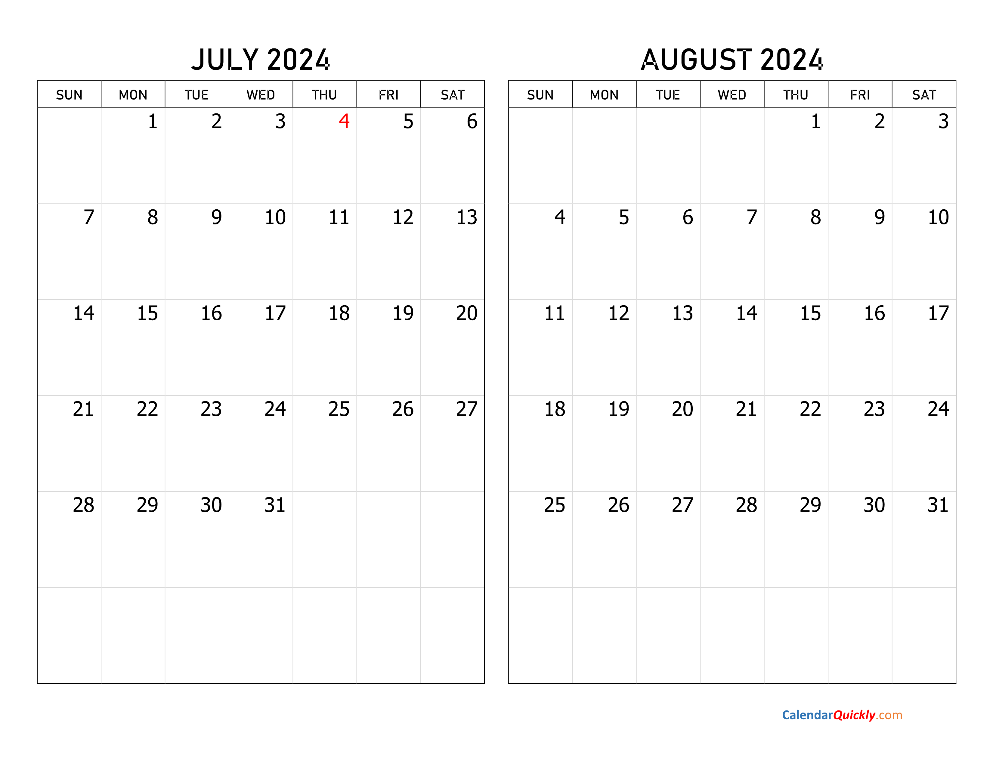 July and August 2024 Calendar | Calendar Quickly