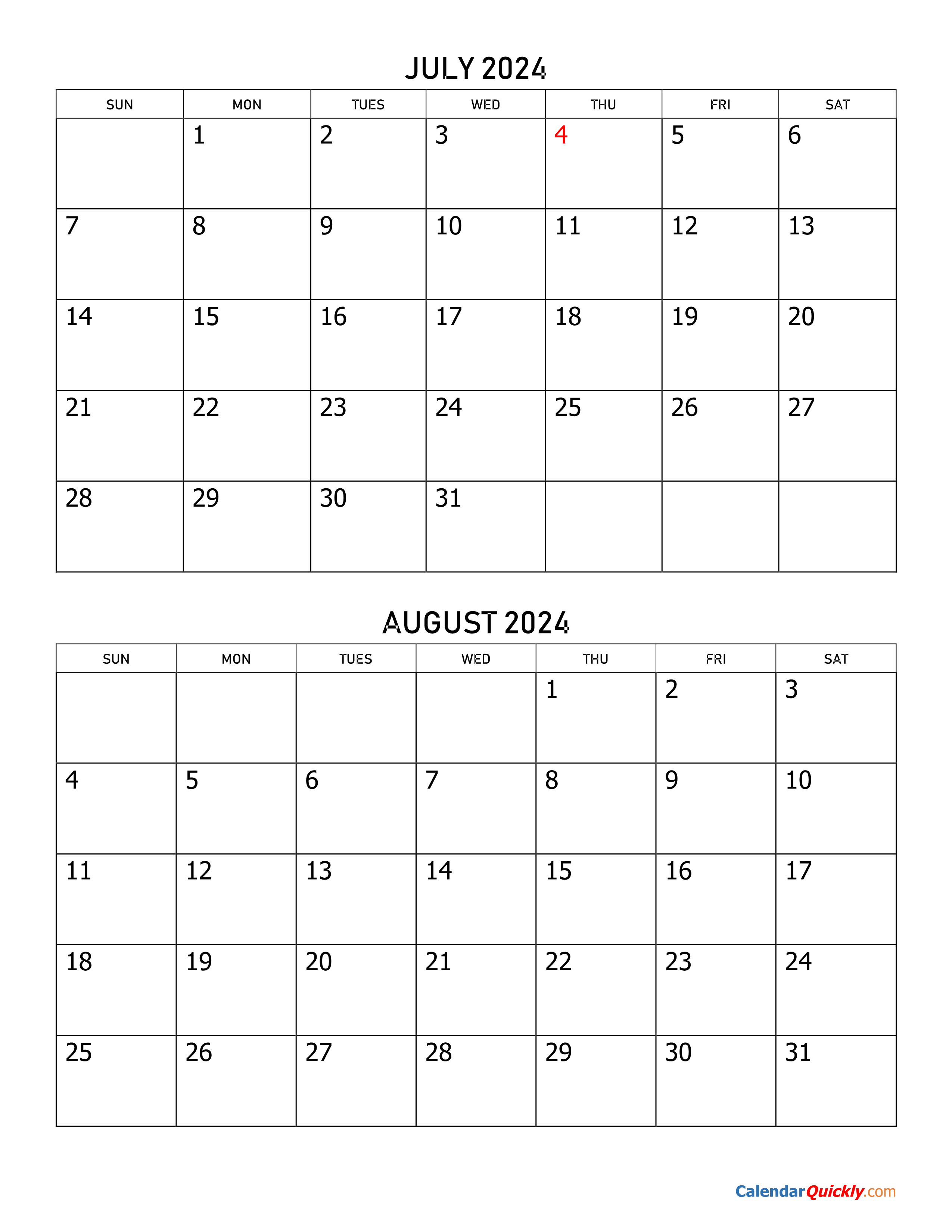 July August 2024 Calendar Printable Free