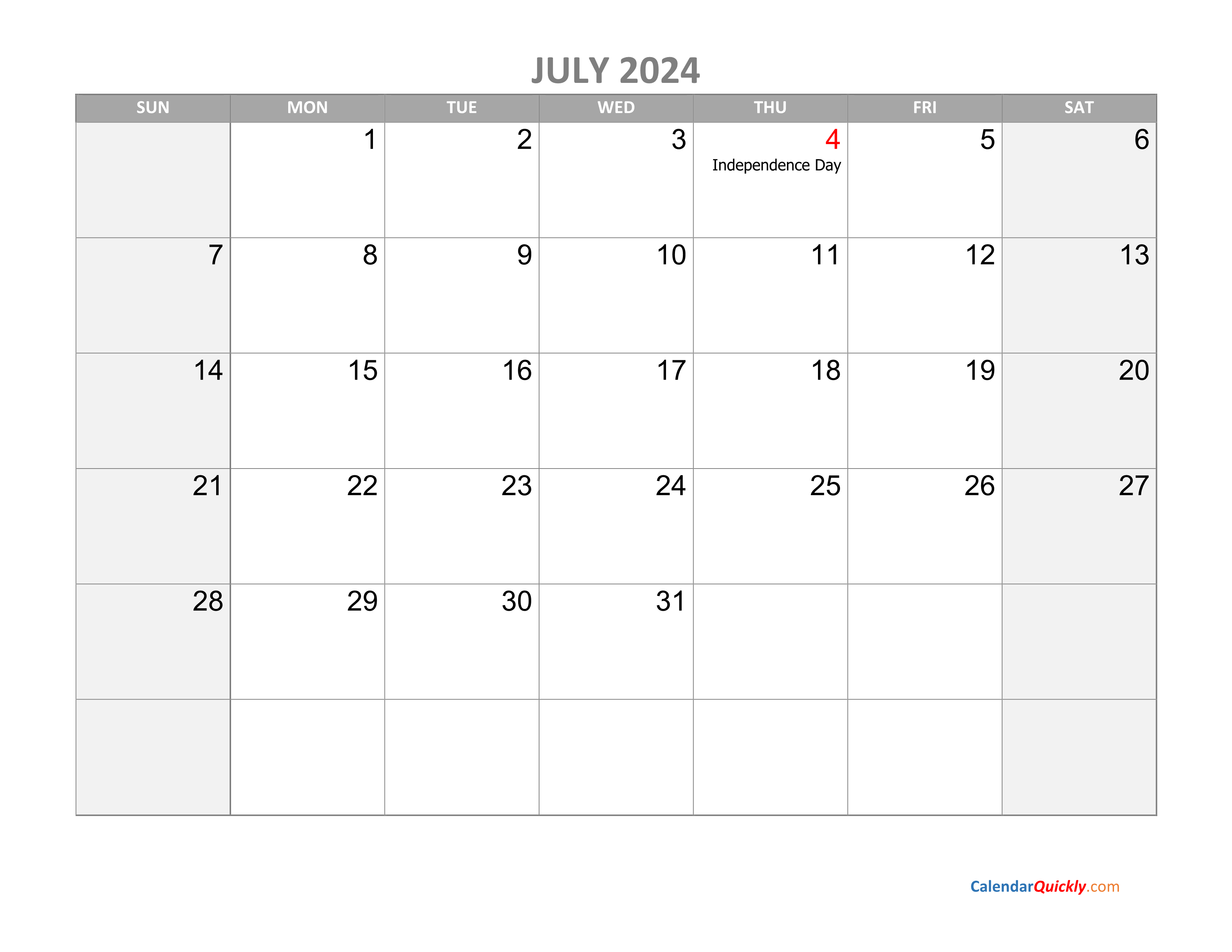 July Calendar 2024 with Holidays Calendar Quickly