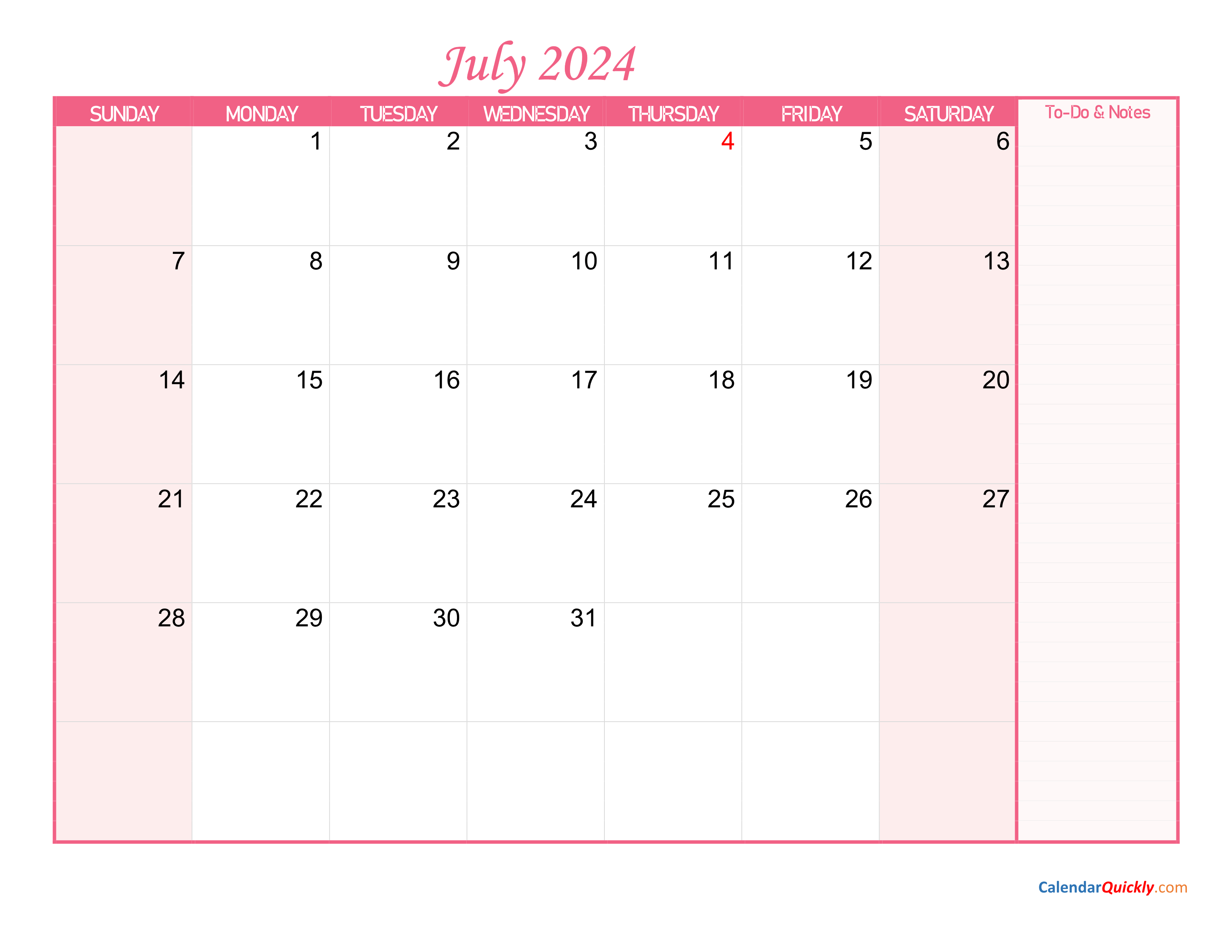 July Calendar 2024 Notes 