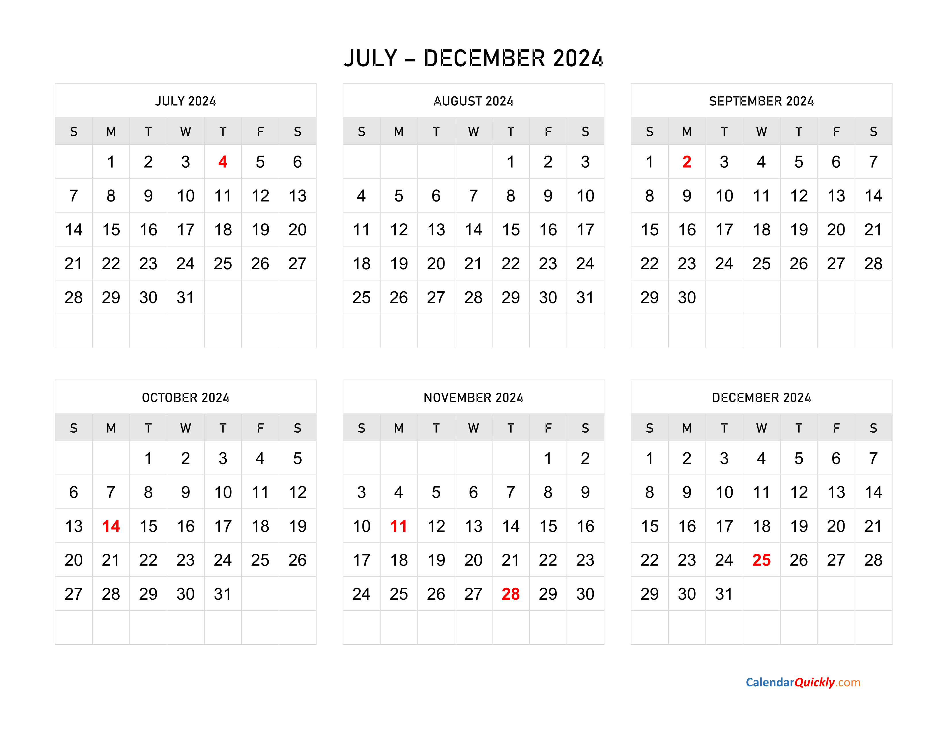 July December Six Months 2024 Calendar Horizontal 